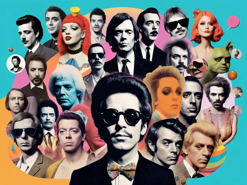 a surreal album cover featuring a collage of famous musicians and pop culture icons, with a whimsical and colorful design