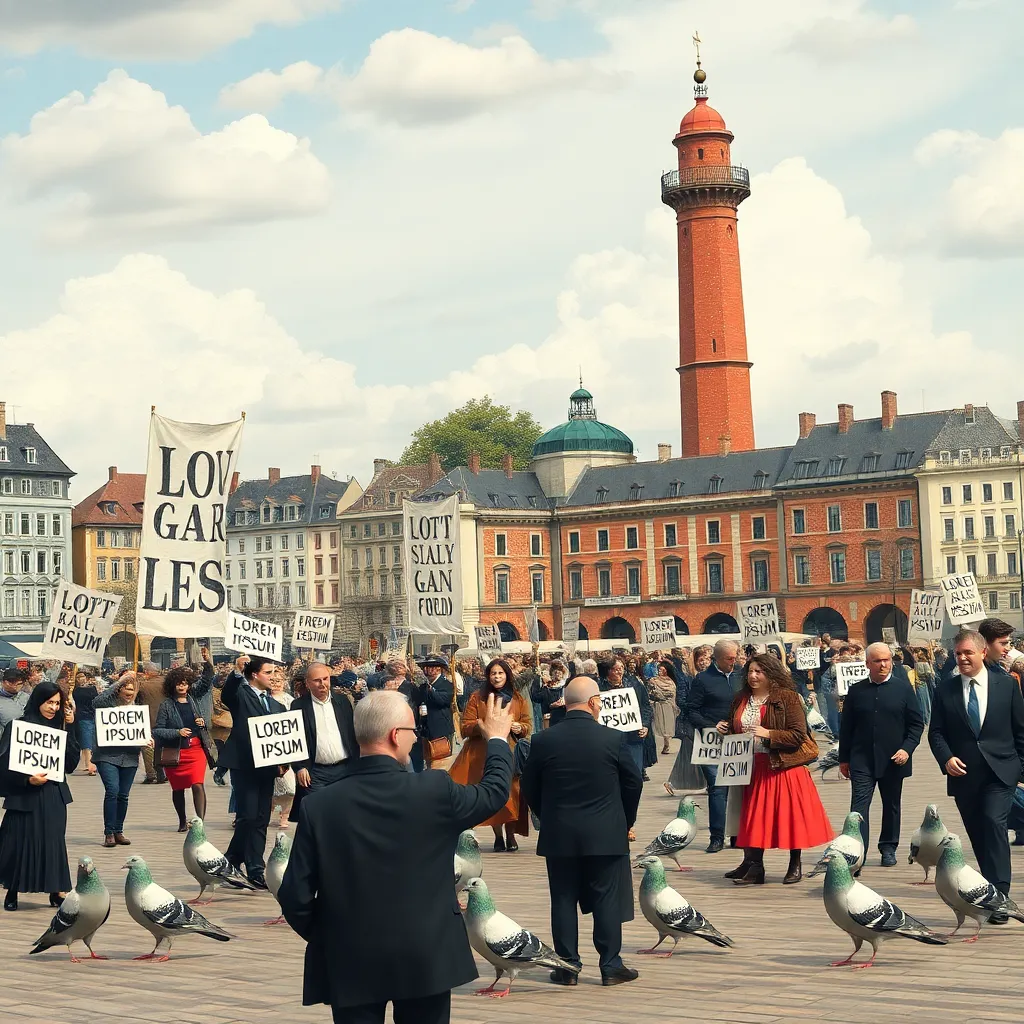 a city square transformed by typography fever, citizens in formal clothes waving banners covered in ornate lorem ipsum, pigeons wearing tiny lettered capes, a lighthouse in the distance painted with text, whimsical grand-scale scene, vibrant editorial fantasy art