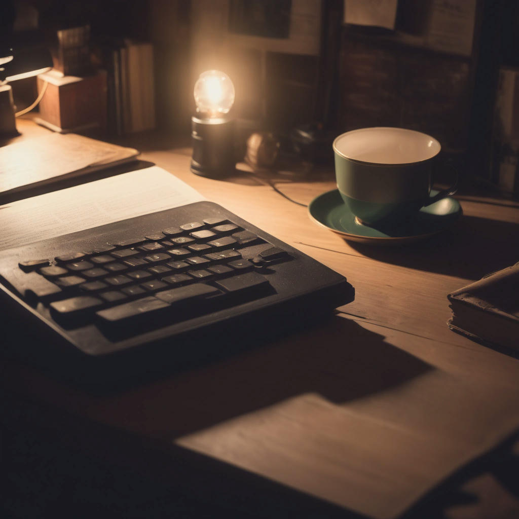 a person typing away on a laptop, with a cup of coffee next to them, warm lighting, cozy atmosphere, vintage laptop, old books, messy desk, creative space, artistic, inspirational, motivational, beautiful, elegant, striking, showstopping, appealing