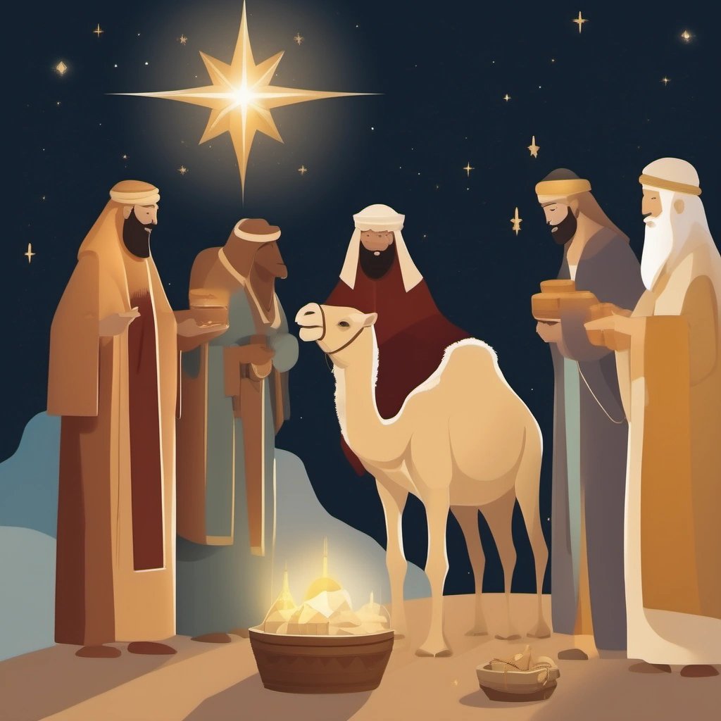 Three wise men presenting gifts to baby Jesus