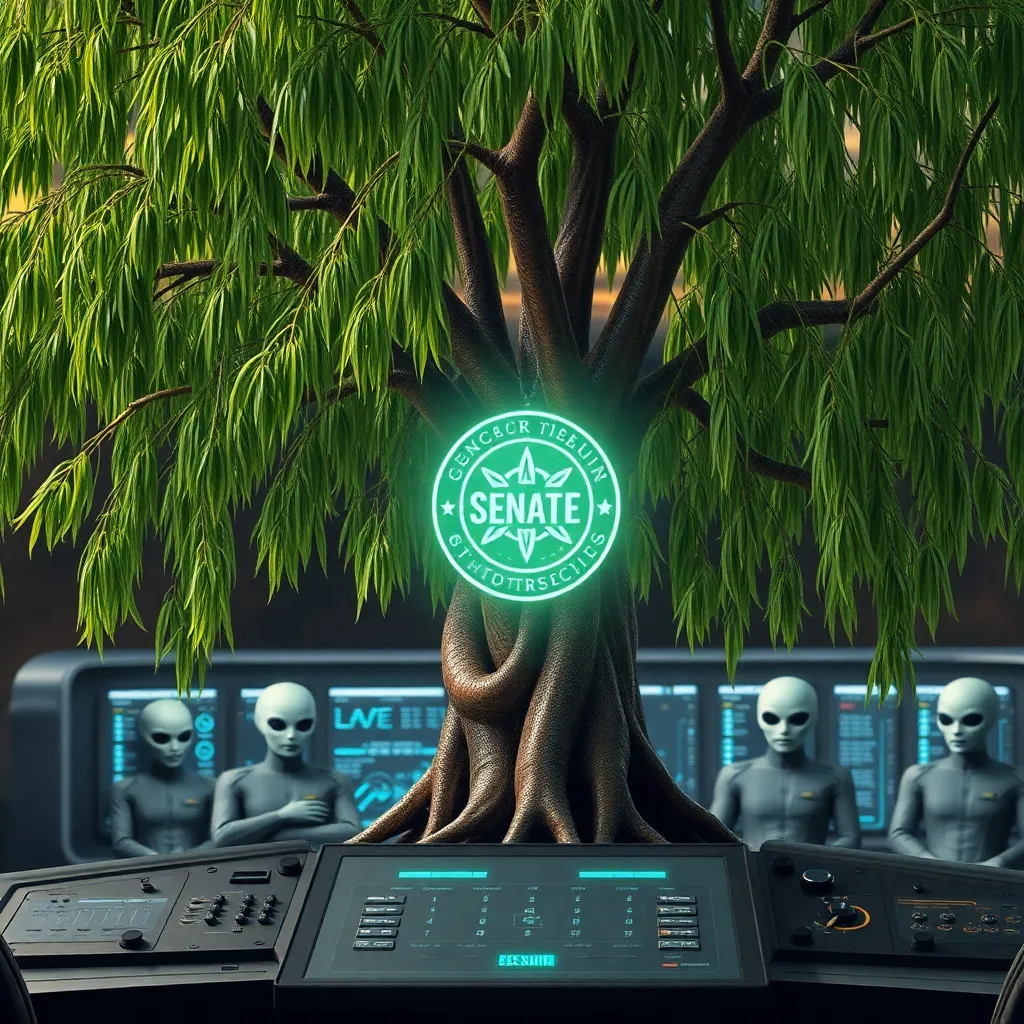 A close up of a weeping willow tree wearing a glowing holographic senate medallion, its branches draped over a high-tech control panel, alien senators looking confused in the background