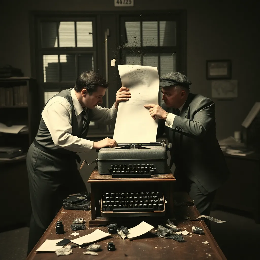 Two journalists fighting over a single typewriter in a dusty office, one pulling the paper up and the other pushing it down, ink flying everywhere, 1940s noir style