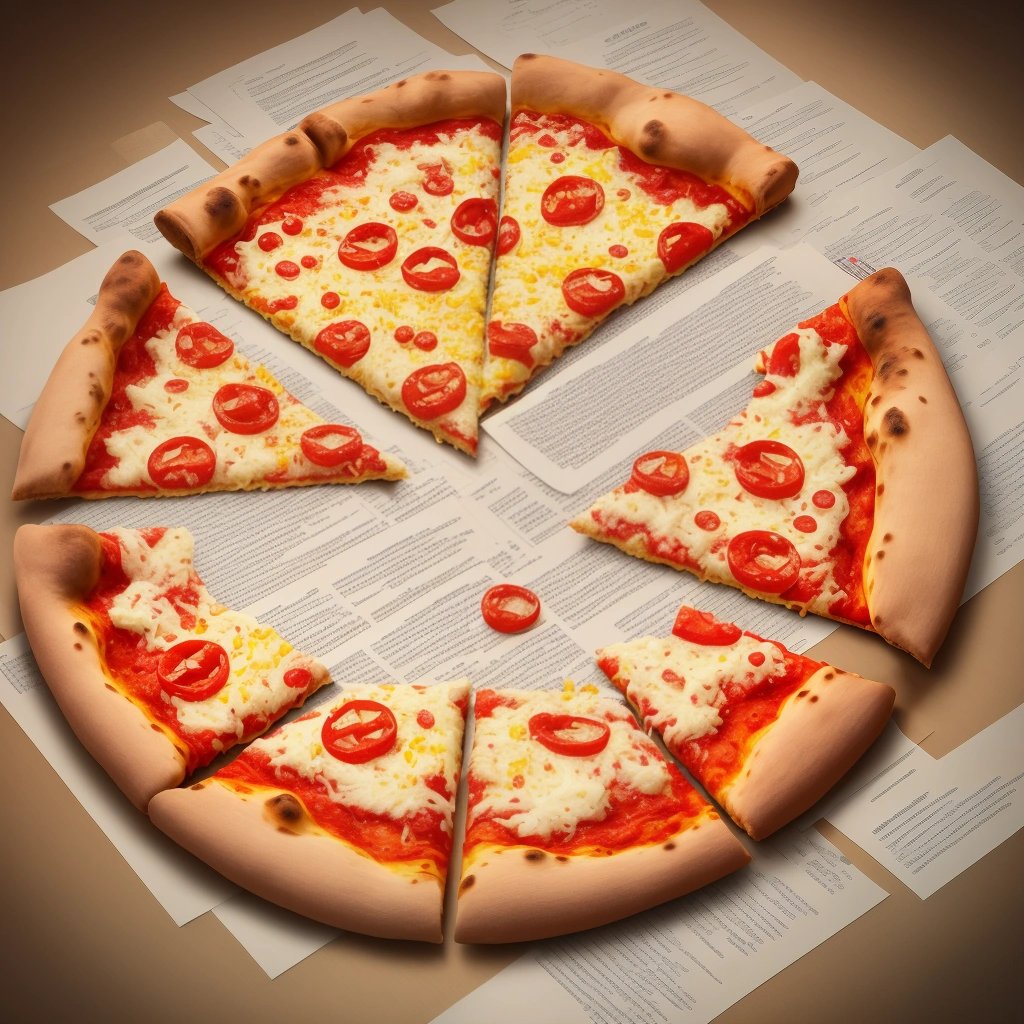 Abstract artwork of paperwork turning into pizza