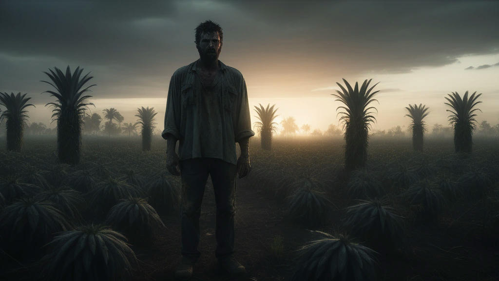 A hauntingly beautiful scene of a lone survivor standing in an overgrown pineapple field, the sun setting in the background, eerie and melancholic atmosphere, hyper-realistic, extremely detailed, cinematic lighting