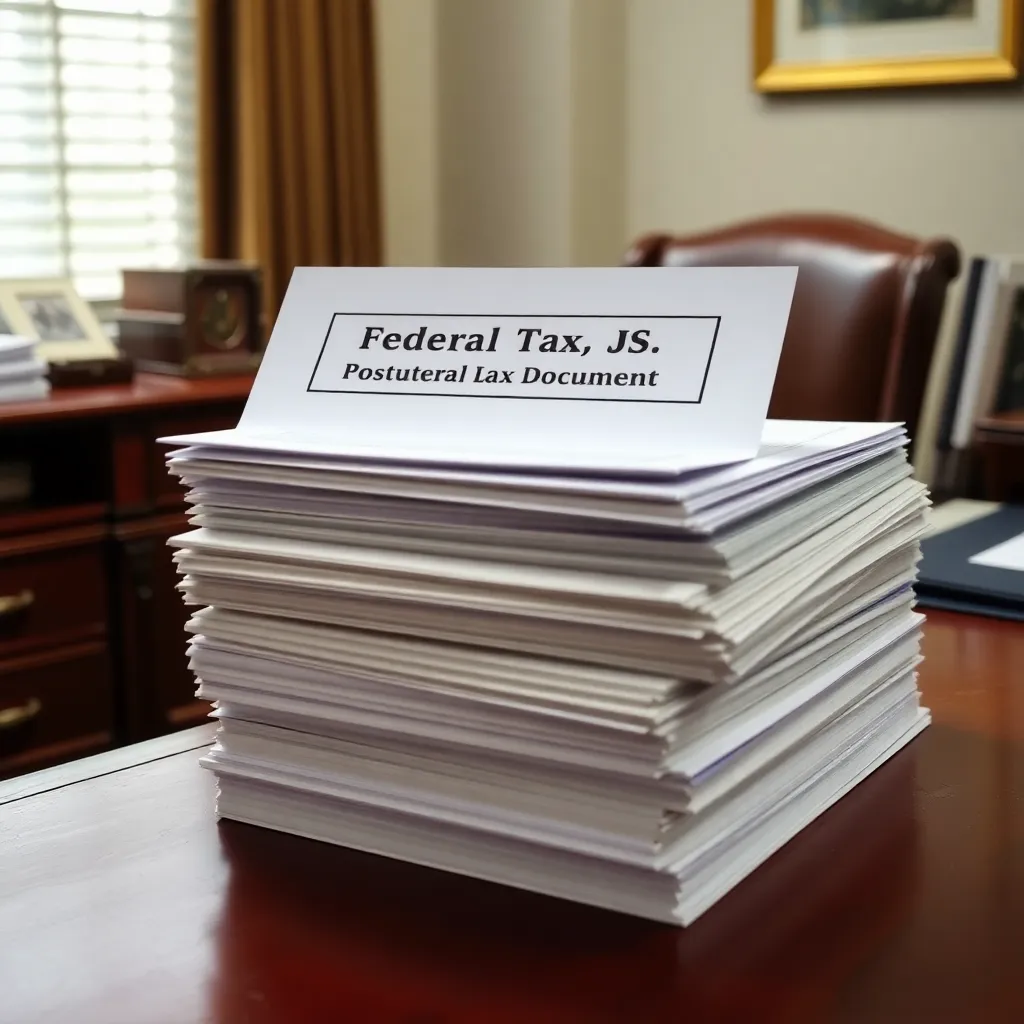 A photograph of a thick stack of federal tax documents on a mahogany desk, with a new folder labeled 'McAfee, J. - Post-Mortem Recovery' placed on top, professional legal office setting.