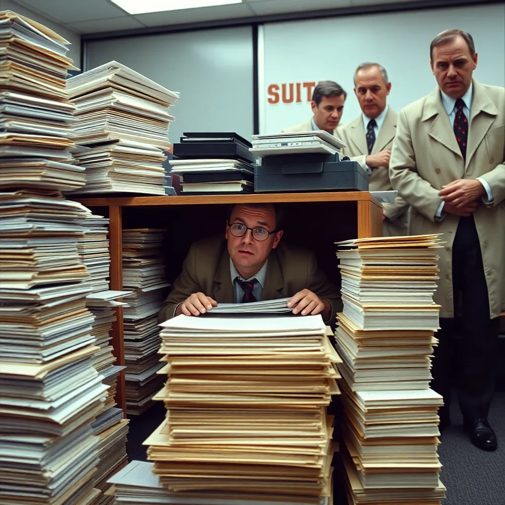 A terrified office worker hiding under a desk made of stacked reams of printer paper while government agents in beige trench coats confiscate a suspiciously well-organized Rolodex, vintage 1980s office setting