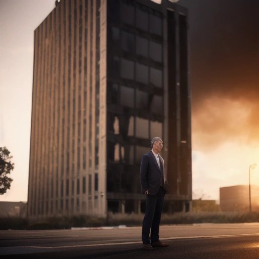 Bob standing in front of the burned-out office building