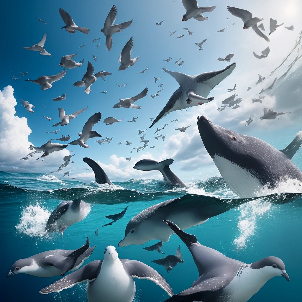 Pigeon Whales swimming alongside other marine life