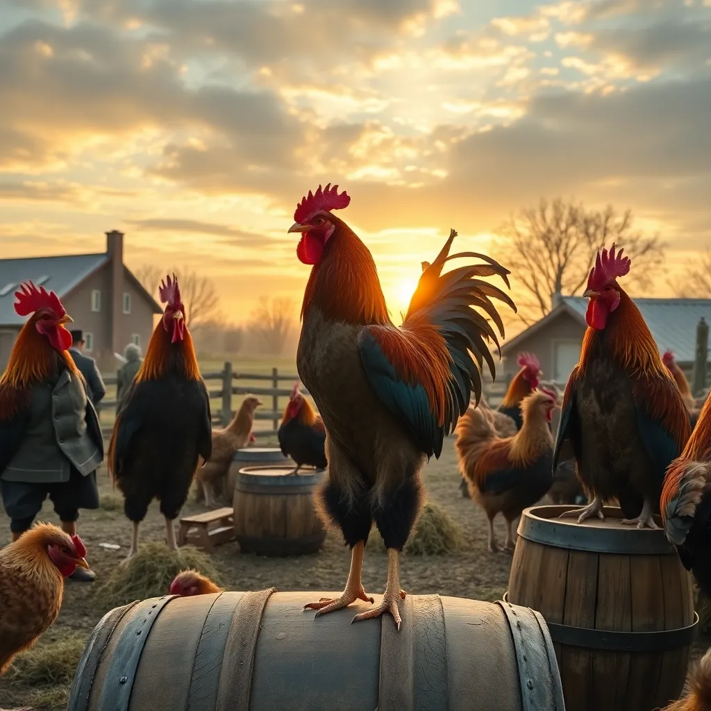 country farmyard at dawn with several proud roosters acting like stern philosophers, villagers in tweed debating while hay flies everywhere, one rooster standing on a barrel like a lecturer, dramatic sunrise, humorous yet majestic