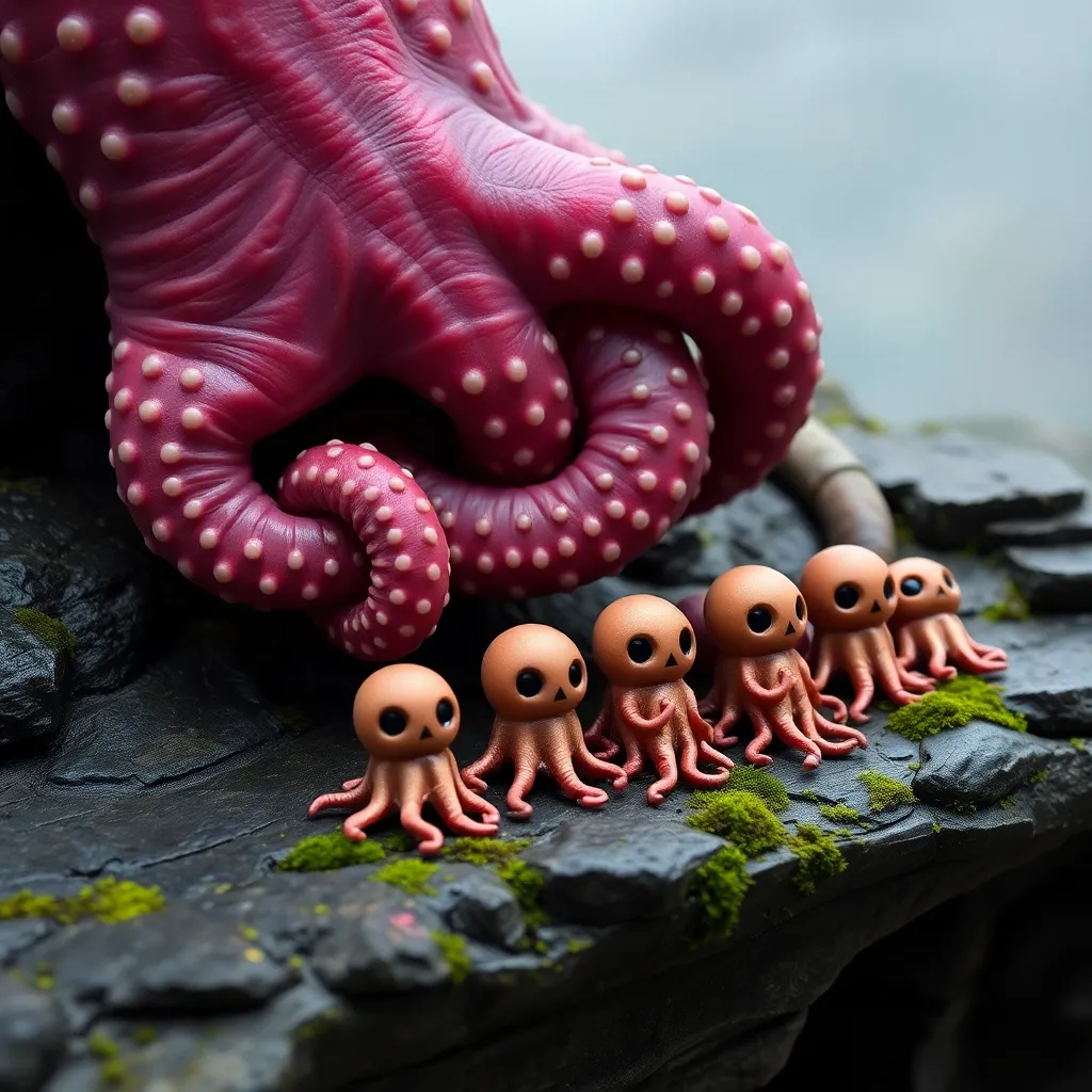 Close-up of a giant, slightly slimy tentacle gently squeezing a collection of miniature stress balls shaped like tiny tentacles, arranged neatly on a damp, mossy rock shelf, one stress ball labeled 'Deep One Therapy'