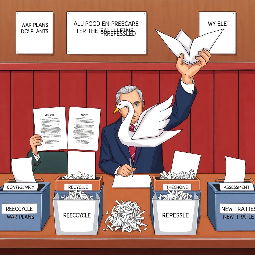 Ceremonial shredding of war plans into recycling and origami