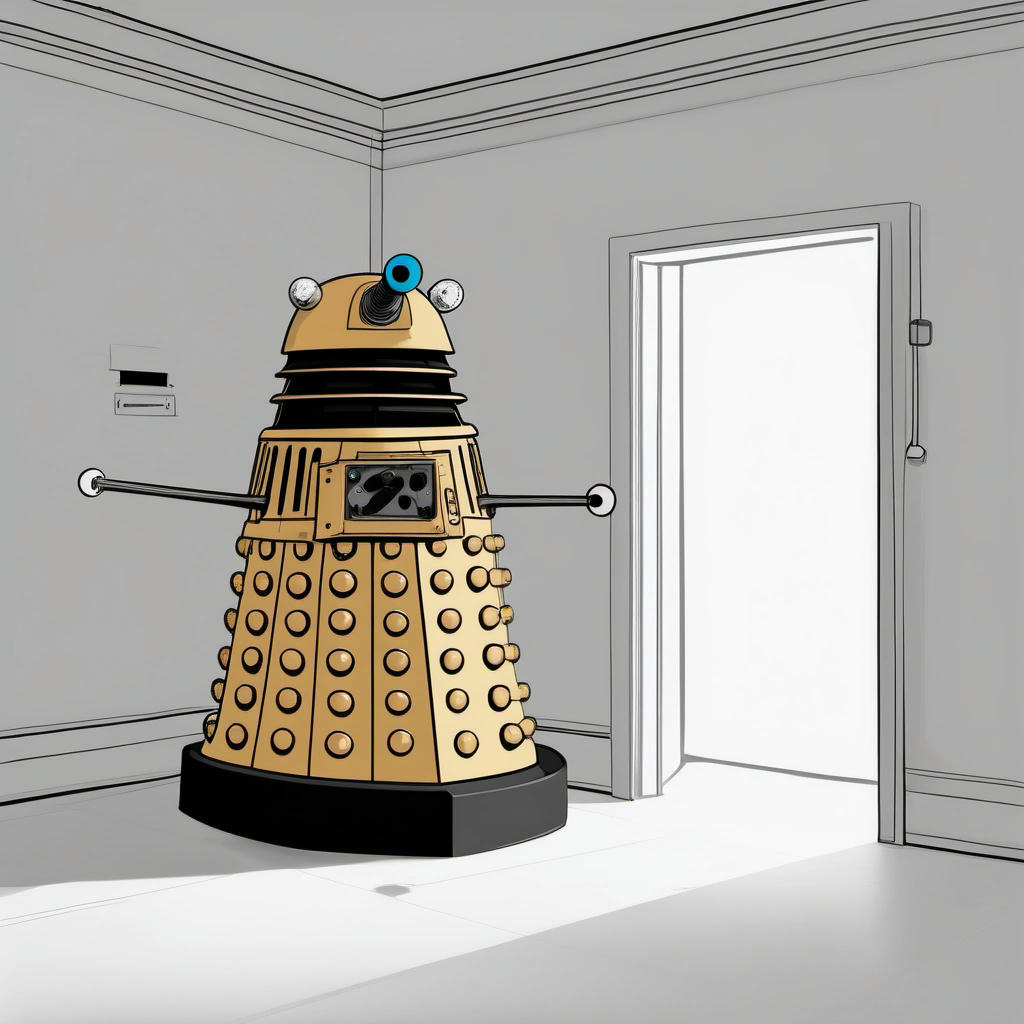 A Dalek, accompanied by a thought-bubble depicting its desire for a non-white wall.