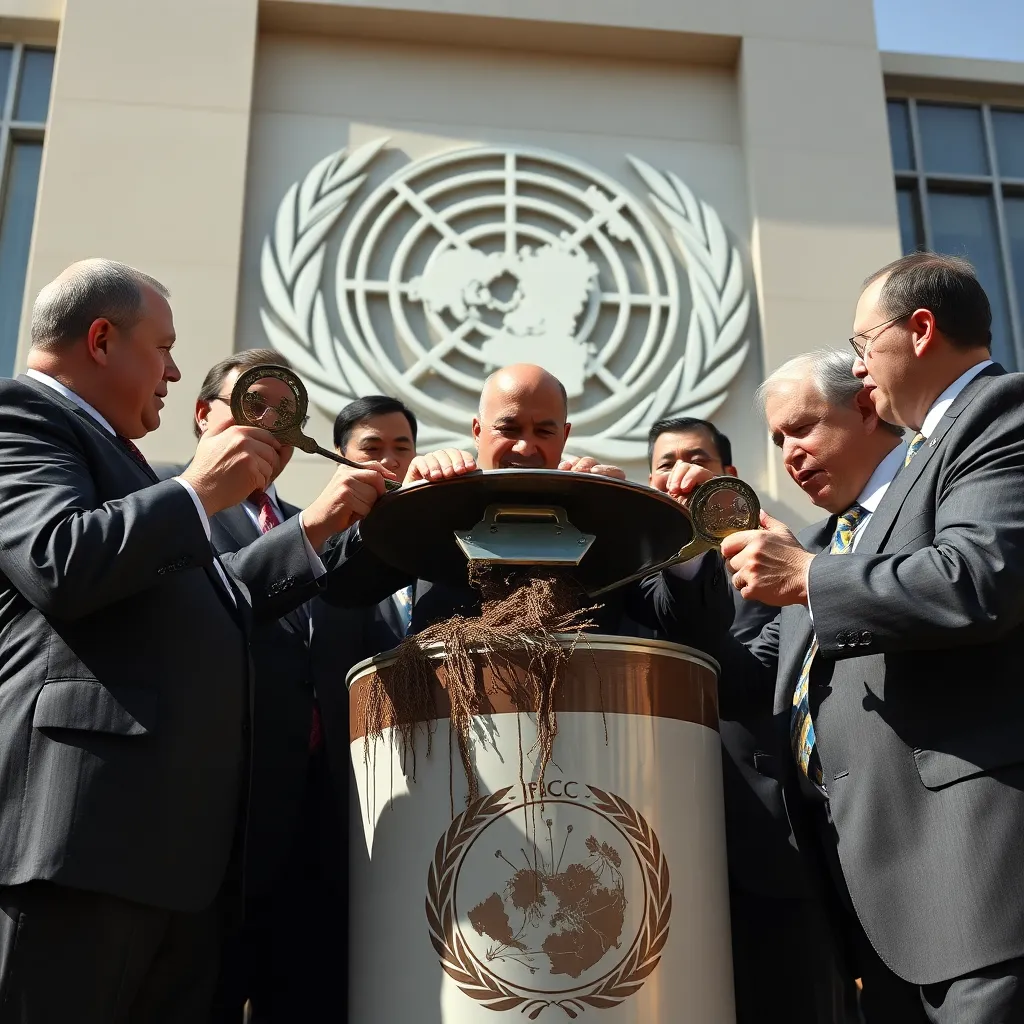group of UN delegates in formal suits struggling to open a giant tobacco can with comically oversized antique can openers, sweat dripping, background of UN building