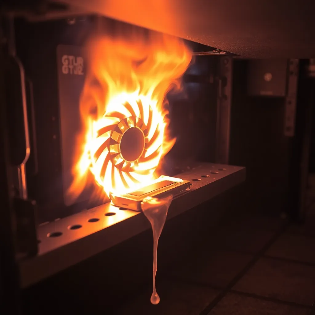 A close up of a thermal camera screen showing a GPU glowing white-hot, melting through a metal table, molten metal dripping onto the floor