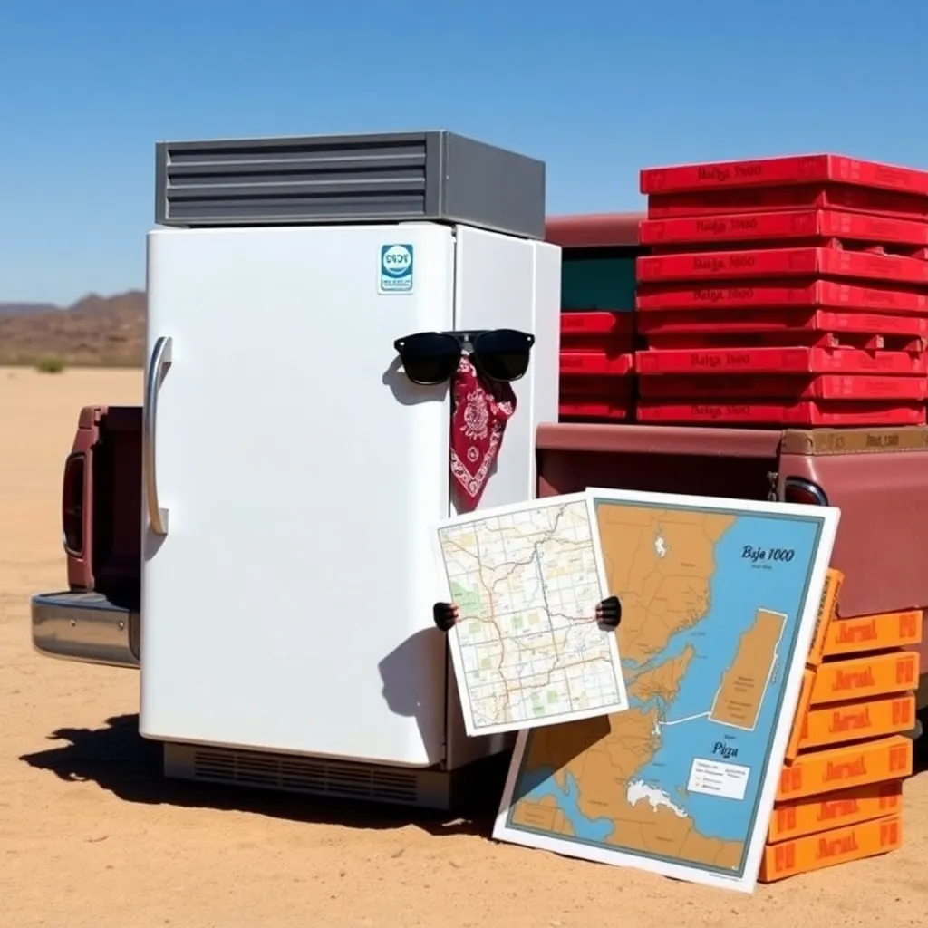 refrigerator wearing tiny aviator sunglasses and bandana, leaning against a pickup truck made of stacked pizza boxes, holding a map labeled 'Baja 1000'