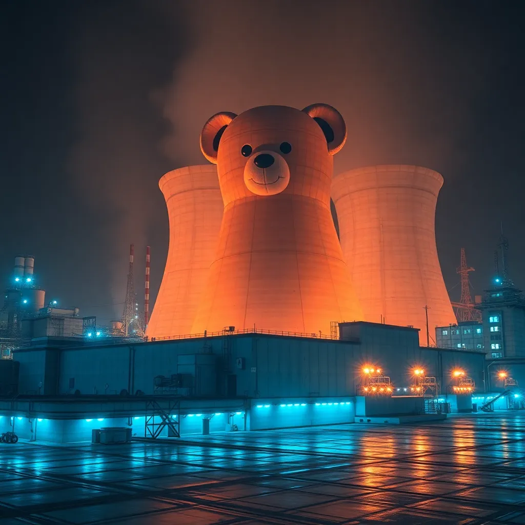 A massive industrial power plant where the cooling towers are shaped like giant teddy bears, glowing blue energy veins pulsing through the concrete, surreal dreamlike atmosphere