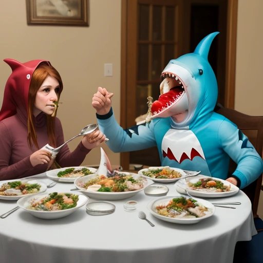 Awkward dinner with husband dressed as a shark