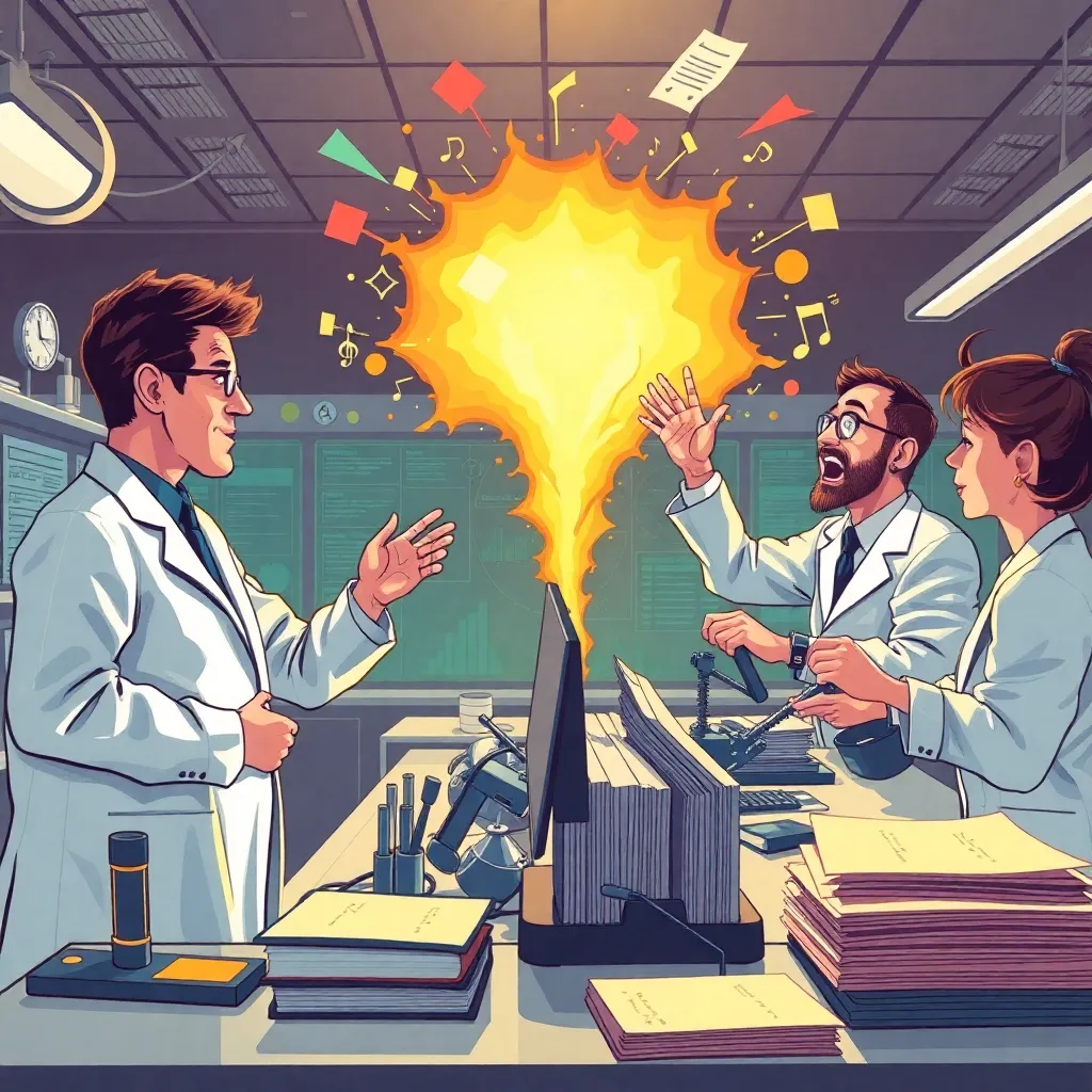 scientists in a playful high-tech laboratory studying music and productivity, charts exploding upward, researchers in lab coats astonished while office workers sort documents at impossible speed, instruments measuring rhythm and morale, rich Mediterranean colors, humorous yet realistic editorial illustration
