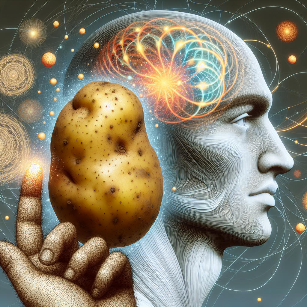 a surreal depiction of a human figure with elements of a potato, blending human and potato characteristics, highly detailed, artistic, thought-provoking, genetic fusion concept