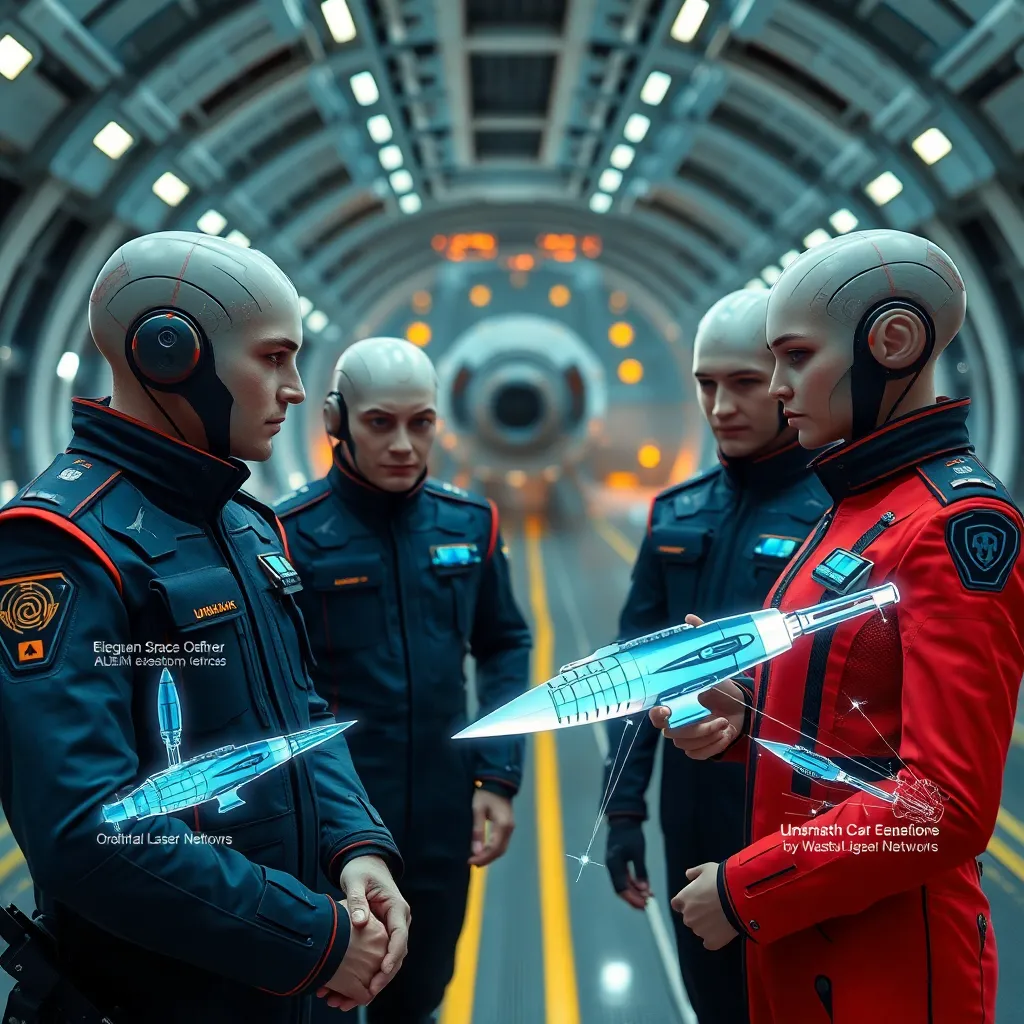 Ukrainian space defense specialists in practical futuristic uniforms briefing elegant alien officers, holographic diagrams of electromagnetic railguns and orbital laser networks replacing wasteful giant missiles, confident expressions, sleek starship hangar background, highly detailed sci-fi realism