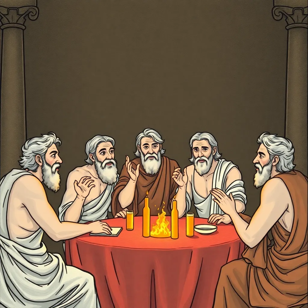 a group of immortals playing charades, trying to guess historical events, with confused expressions