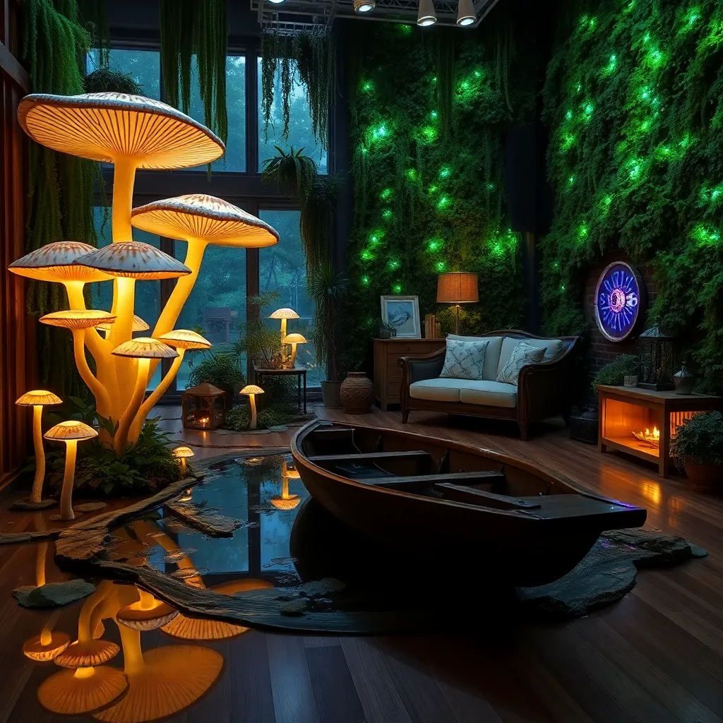 An indoor garden growing out of a waterlogged wooden floor, giant glowing mushrooms, bioluminescent moss on the walls, a small wooden boat acting as a coffee table, ethereal lighting.
