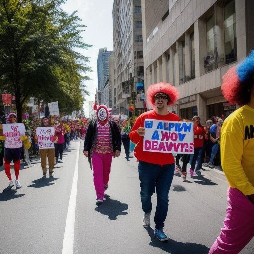 Protesters dressed as clowns demanding absurdity