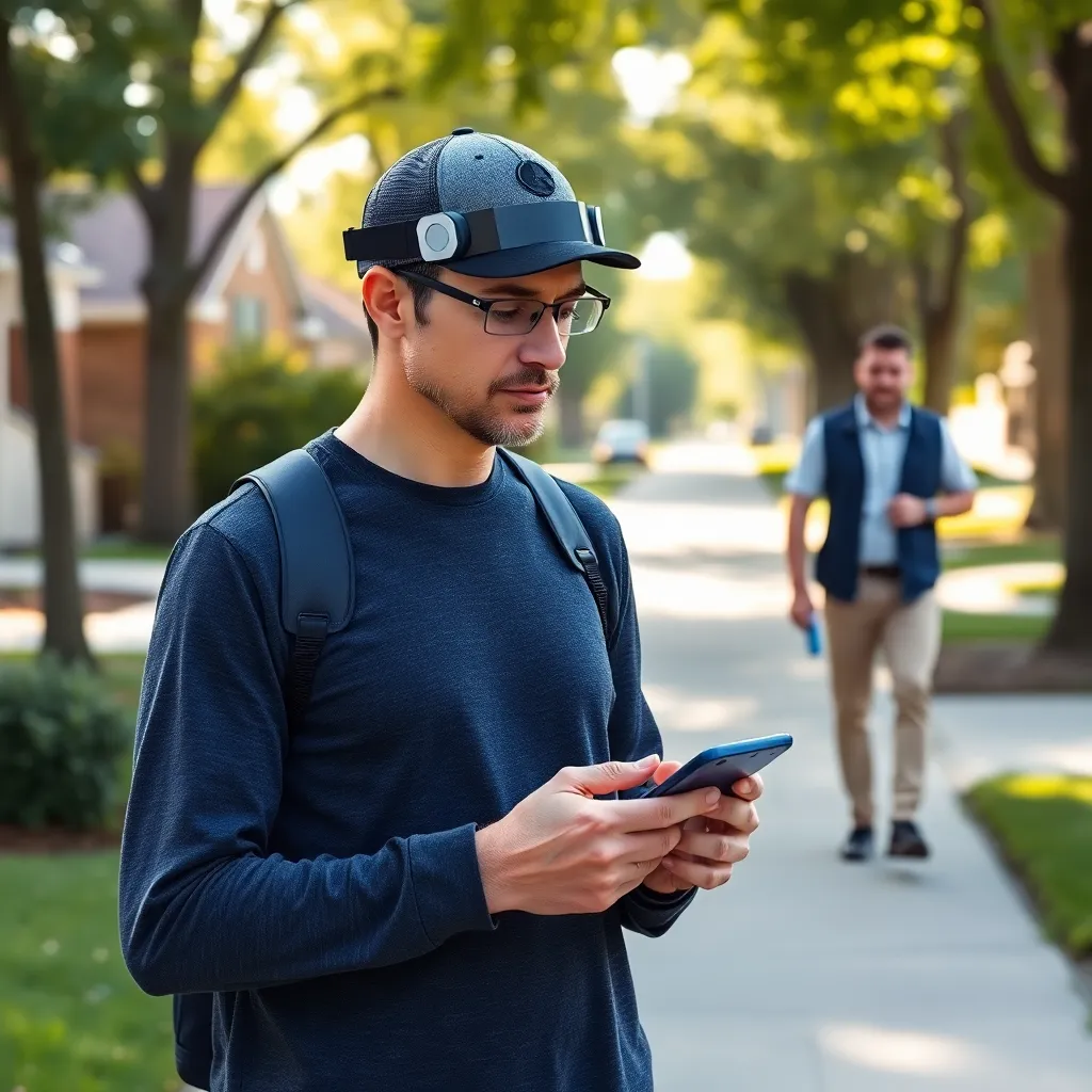 Neighbor walking with futuristic headband: public visibility of treatment