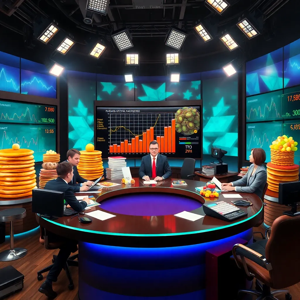wild television news studio with anchors surrounded by pancake stacks, charts, fruit diagrams, exploding calculators, frantic producers, bright lights, comedic financial chaos rendered realistically