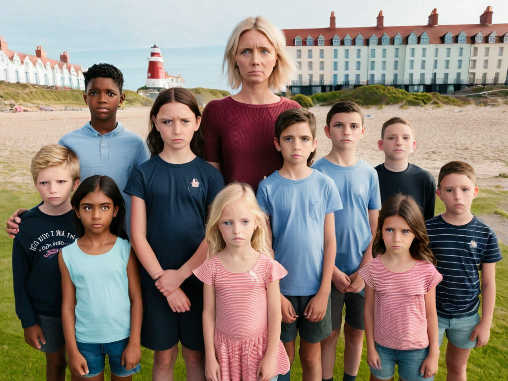 A group of friends and children standing together, looking determined, with the Lighthouse Hotel in the background