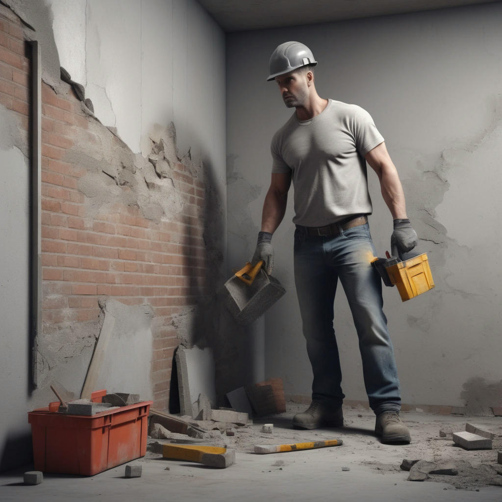 a contractor inspecting a damaged wall, with a toolbox and construction materials in the background, high detail, photorealistic, 4k