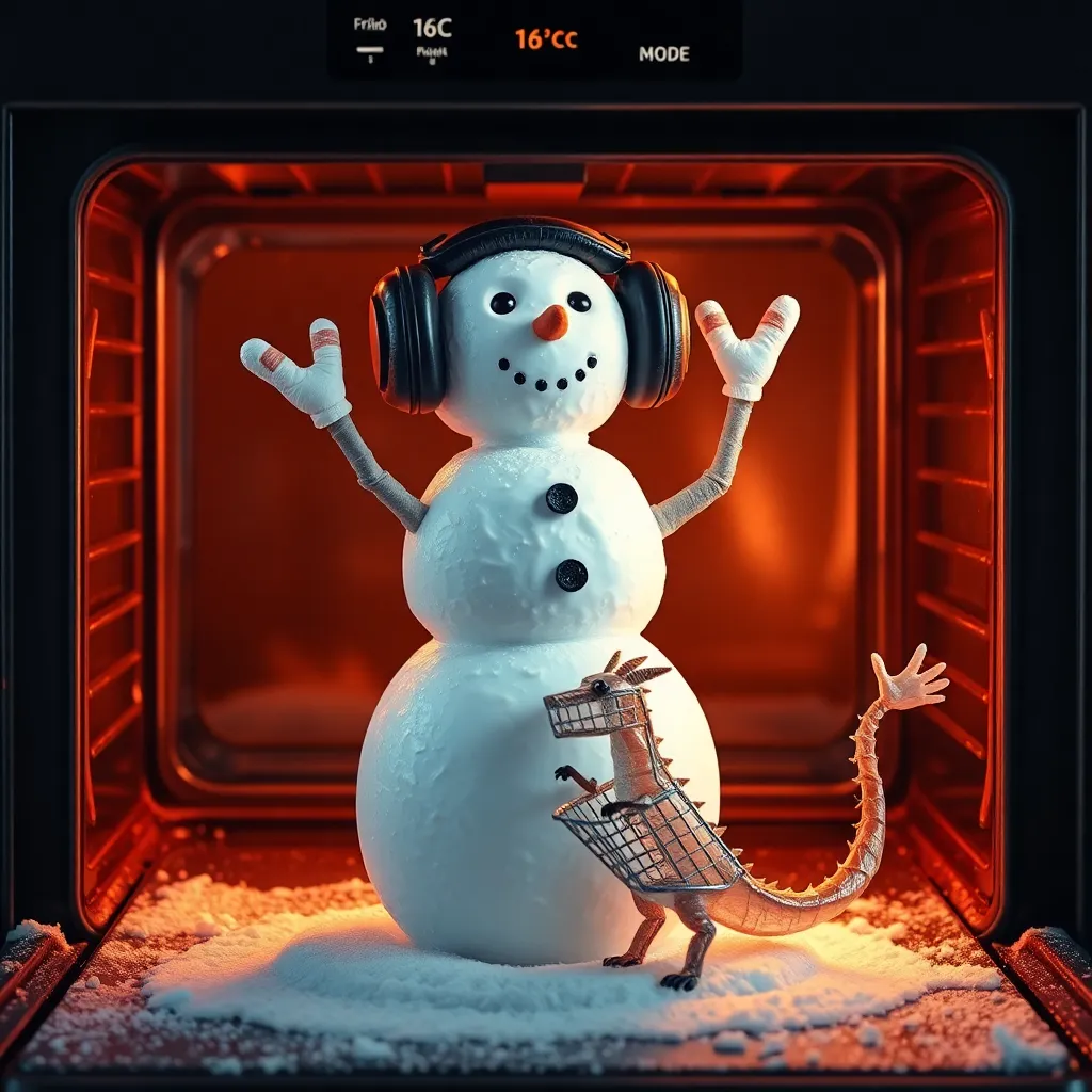 A snowman wearing oil drums as earmuffs standing inside a glowing oven; the oven display reads '16°C - FRIGID MODE'; outside the oven window, a tiny dragon made of plastic shopping bags waves