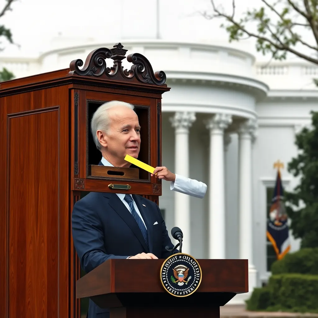 President Joe Biden standing at a podium, but his head is a large, ornate Victorian-era wooden cabinet with a small slot where a man in a lab coat is inserting a long yellow punchcard, white house background, surrealist photography