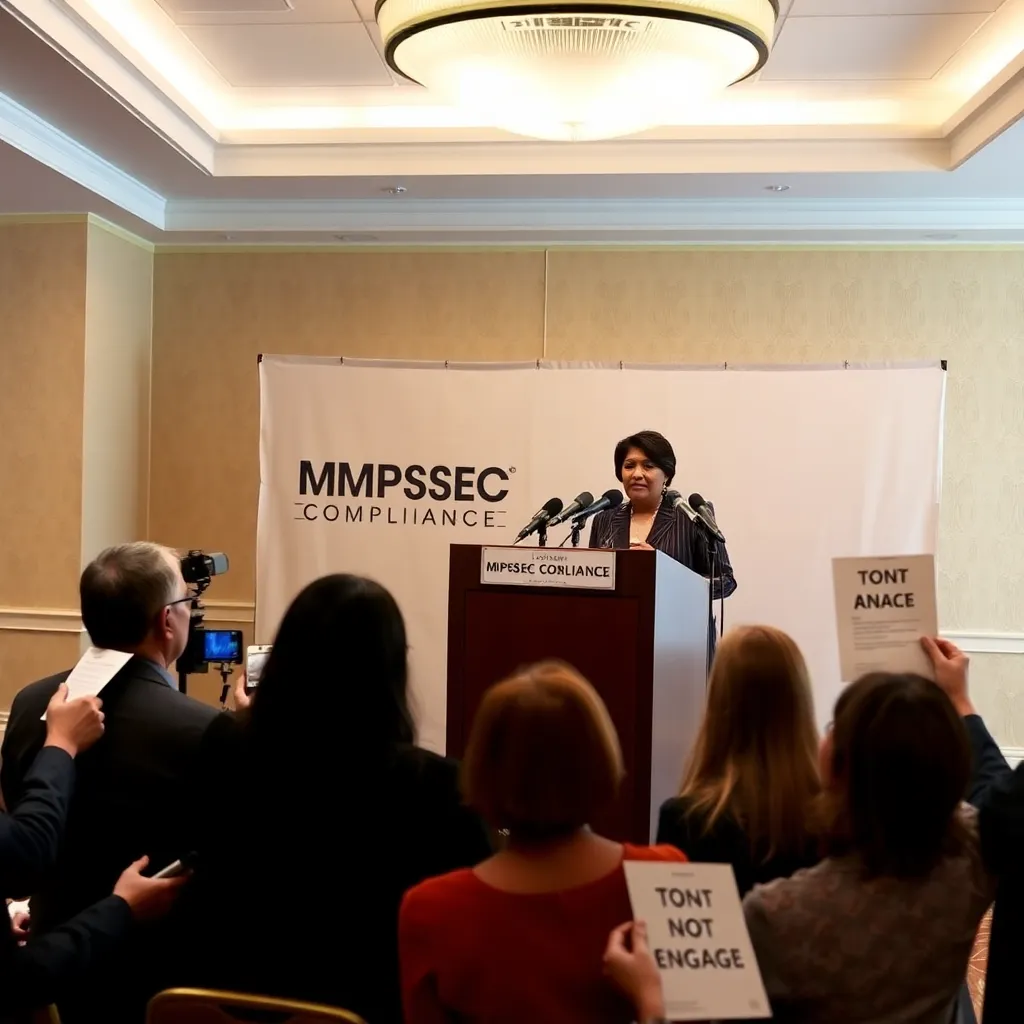 Loretta Vance compliance press conference in a truth-proof ballroom (photo)