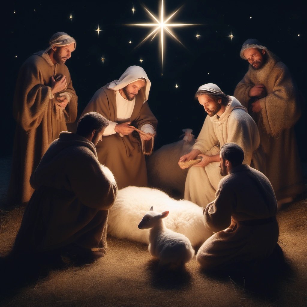 Shepherds kneeling before baby Jesus