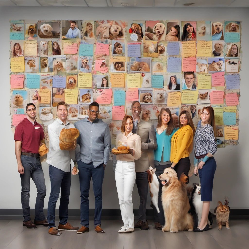 Colleagues and pets around Employee of the Month wall