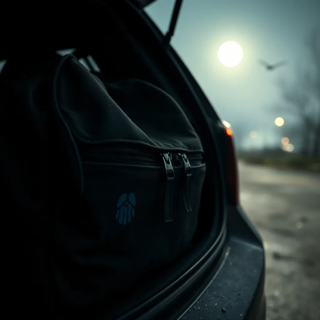 close-up of a weathered backpack sitting inside the trunk of a car, strange blue fingerprints on the zipper, surreal moonlit scene, high detail, cinematic lighting, mysterious and absurd investigative mood