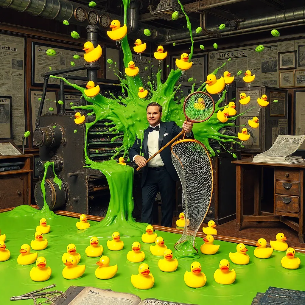 A vintage printing press exploding with green slime and rubber ducks, a man in a tuxedo trying to catch the ducks with a butterfly net, 1920s newsroom aesthetic mixed with psychedelic chaos
