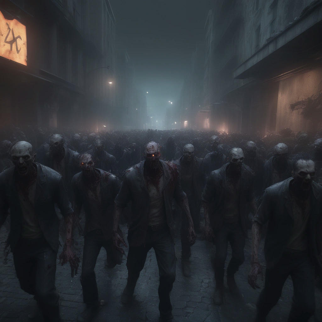 A horde of zombies, reanimated by the anomaly's energy, shambling through a deserted city street, their eyes aglow with an otherworldly light, hyper-realistic, 4k, cinematic, dramatic lighting, trending on artstation