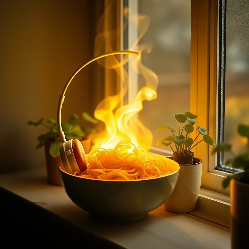 A pair of glowing, spaghetti-thin wired headphones coiled around a steaming bowl of actual spaghetti, with sound waves visibly transforming into golden light beams that heal wilted houseplants on a windowsill