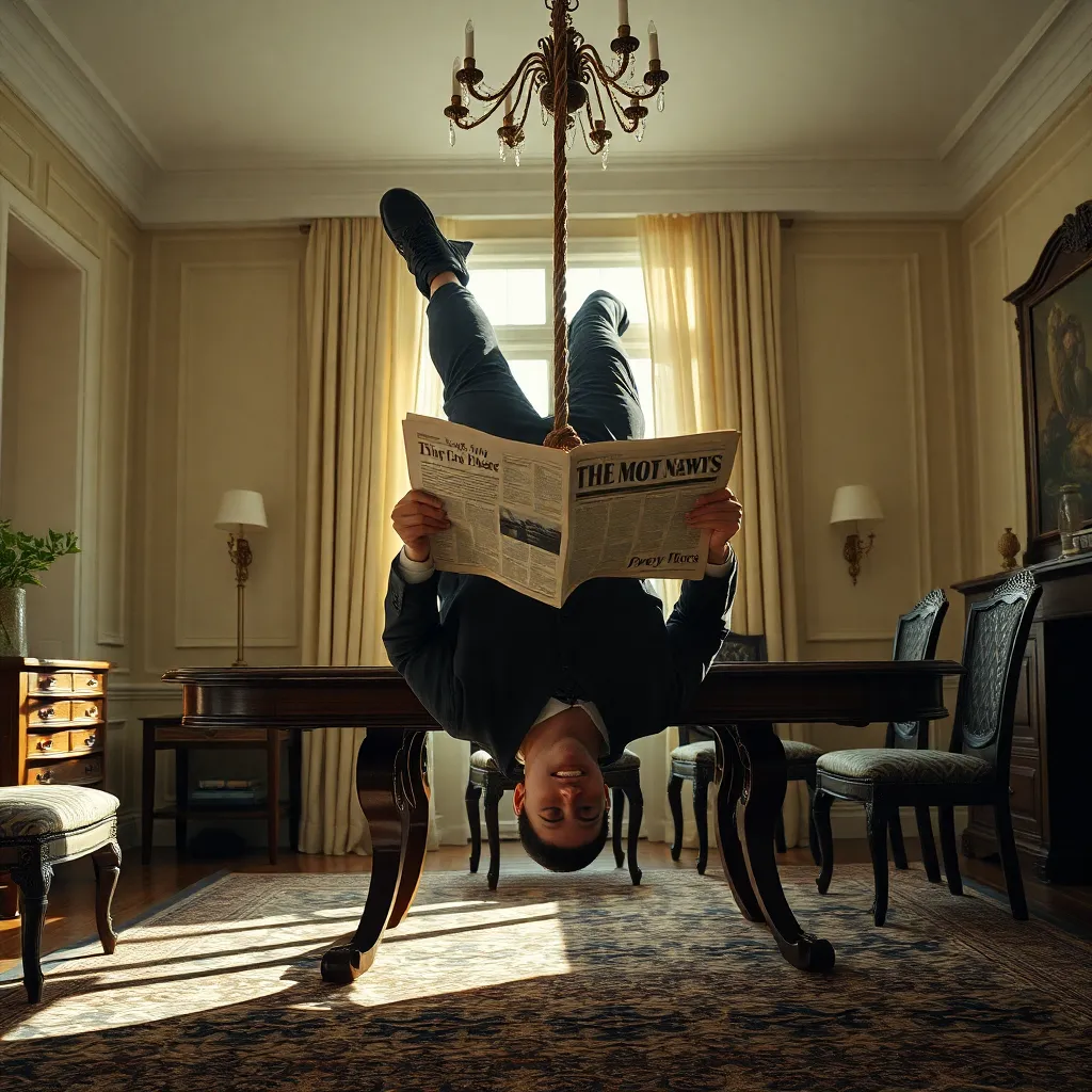 A man in a business suit floating upside down in his living room, calmly reading a newspaper while tied to a heavy mahogany dining table by a thick rope, dust motes dancing in the sunlight