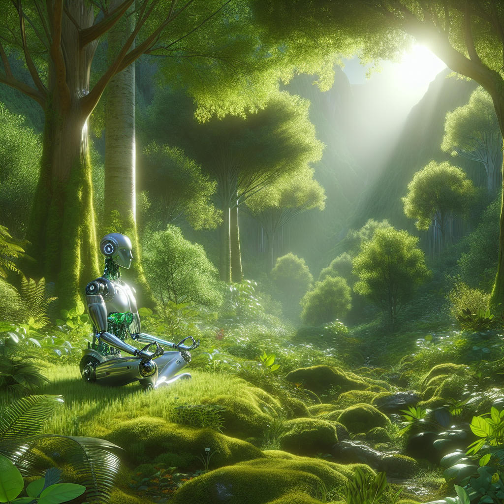 a serene, balanced scene of an AI robot meditating in a natural setting, surrounded by lush greenery, soft lighting, high detail, concept art