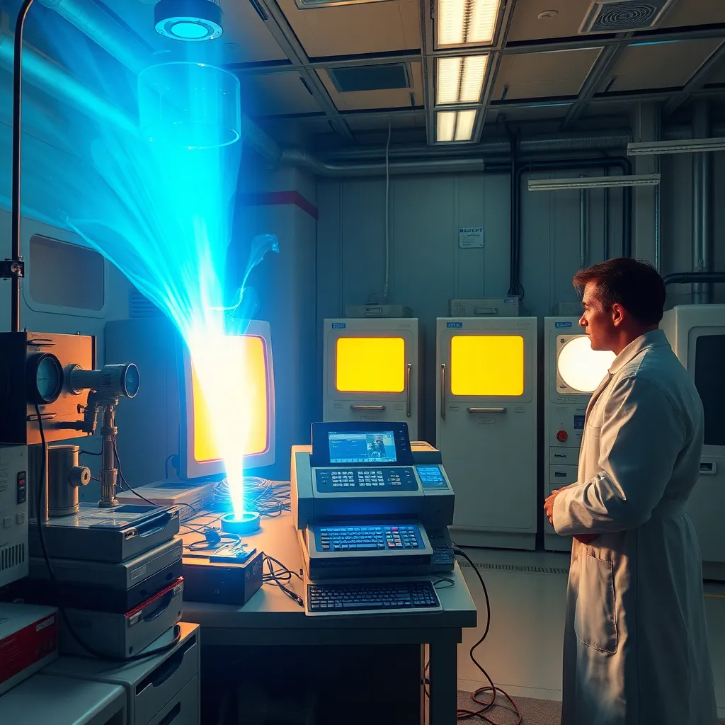 A high-tech laboratory where scientists are measuring a literal 'void' of sound coming from a fax machine, glowing blue energy, futuristic equipment