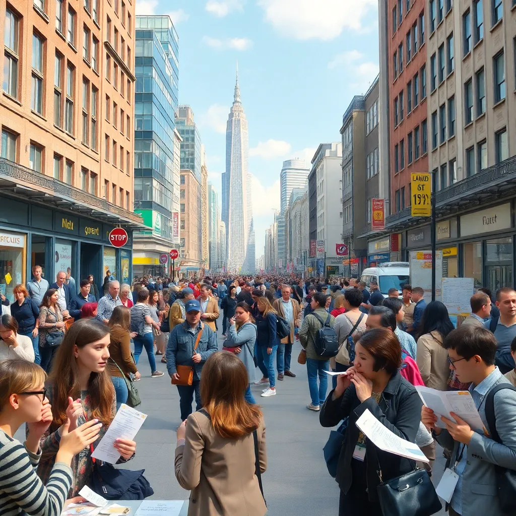 a bustling city square where people try out bizarre new replacement languages, one group communicating with elaborate hand gestures, another sharing tiny elegant snacks while speaking, commuters whispering intensely, consultants presenting language charts on giant spreadsheets, whimsical urban realism