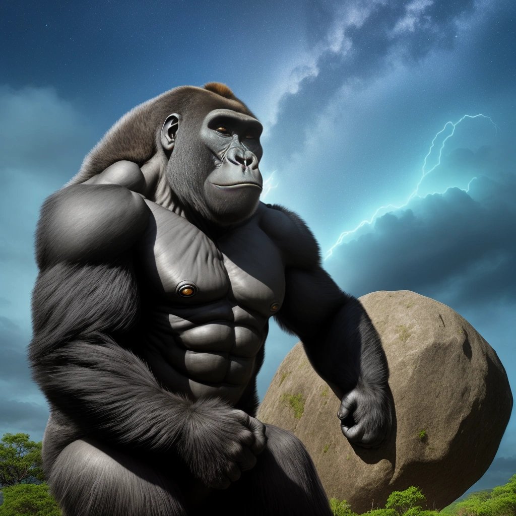 Gorvaxian gorilla holding boulder with one hand
