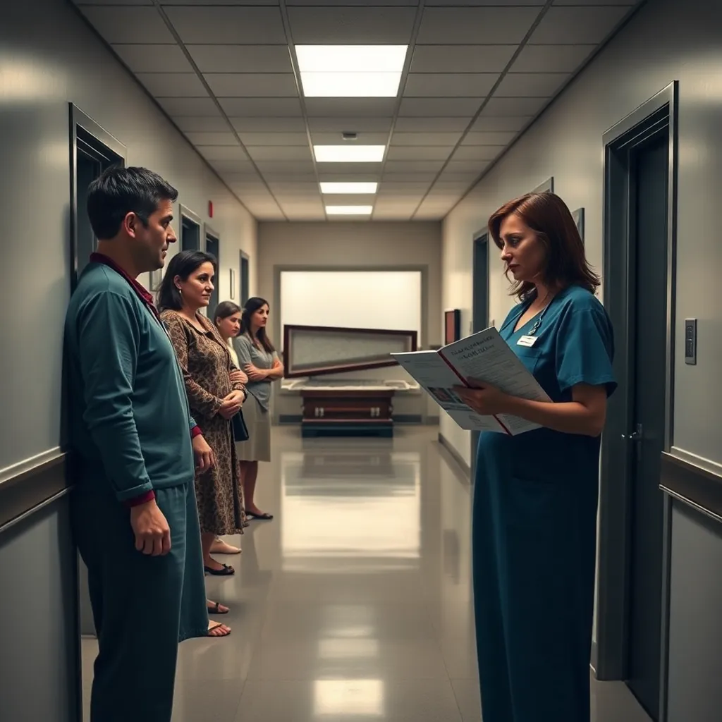 a hospital corridor with tense families staring suspiciously at a cheerful coffin showroom brochure, a nurse holding a clipboard with impeccable calm, polished coffins visible through an absurdly convenient open doorway at the far end, darkly comic editorial style