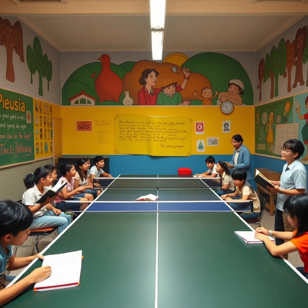 Brazilian public school transformed into a bright civic-dialectical academy, students debating passionately with books open, ping-pong table treated like a philosophical arena, colorful murals, teachers smiling with clipboards, realistic whimsical scene