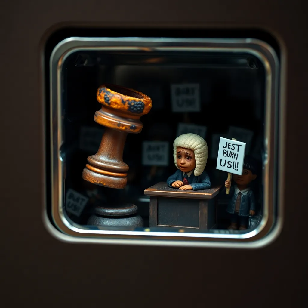 tiny courtroom scene inside a toaster slot: miniature gavel made of burnt bread crust, a crumb wearing a judge's wig interrogating a terrified raisin, background filled with shadowy crumbs holding tiny protest signs saying 'JUST BURN US!'