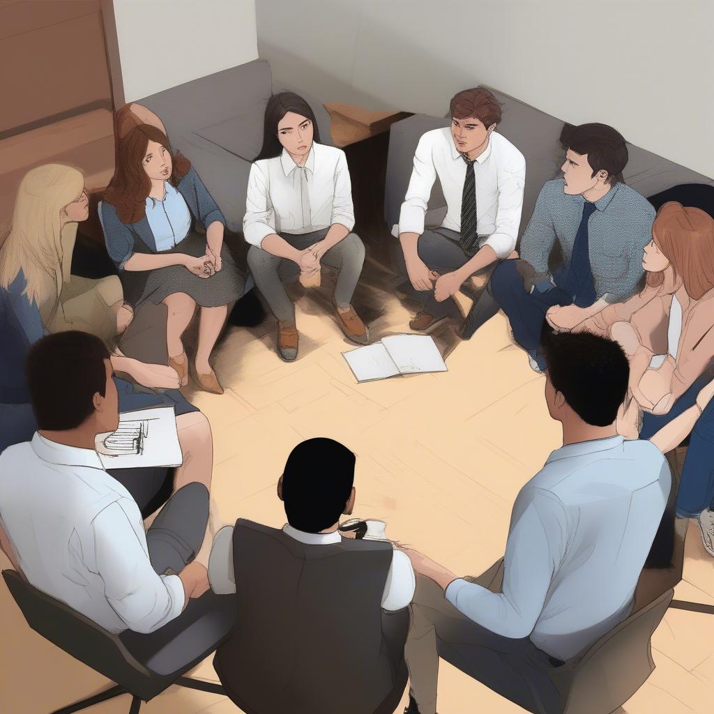 a group of young adults sitting in a circle, all wearing business casual attire and looking at each other with concerned expressions