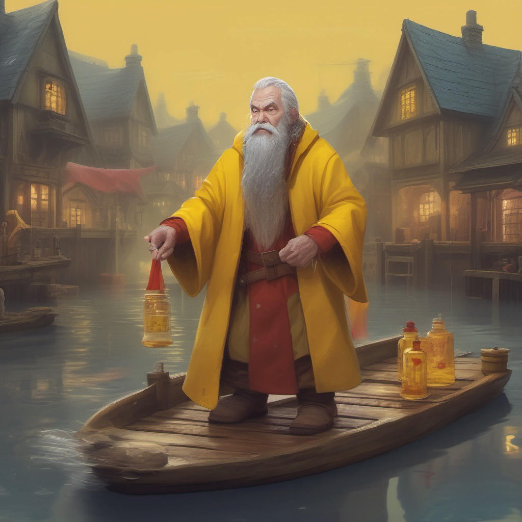 Deckard Cain hoisting potion packs to stranded residents, with a background of damaged houses and rising floodwaters.